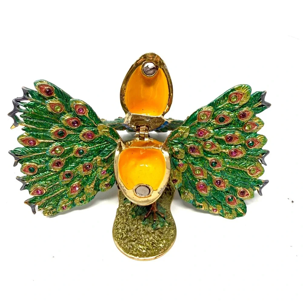 Peacock Trinket Box Enameled Rhinestone Bejeweled Jewelry Holder Green Gold VTG